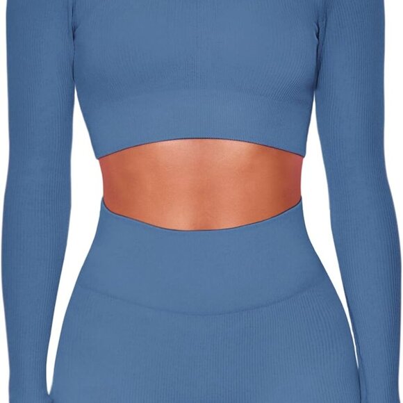 Women Workout Sets Pieces Long Sleeve Yoga Outfits Gym Clothes Seamless Ribbed C - Picture 1 of 6